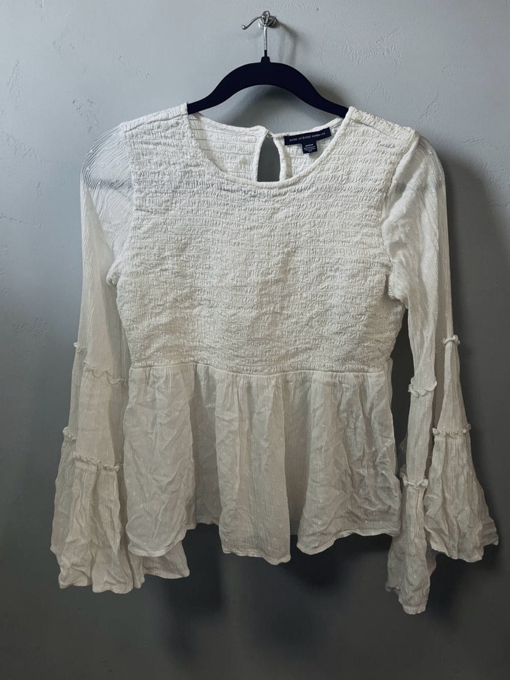 American Eagle Outfitters Bell Sleeve Smocked Top Boho Festival Size M White - Picture 12 of 12